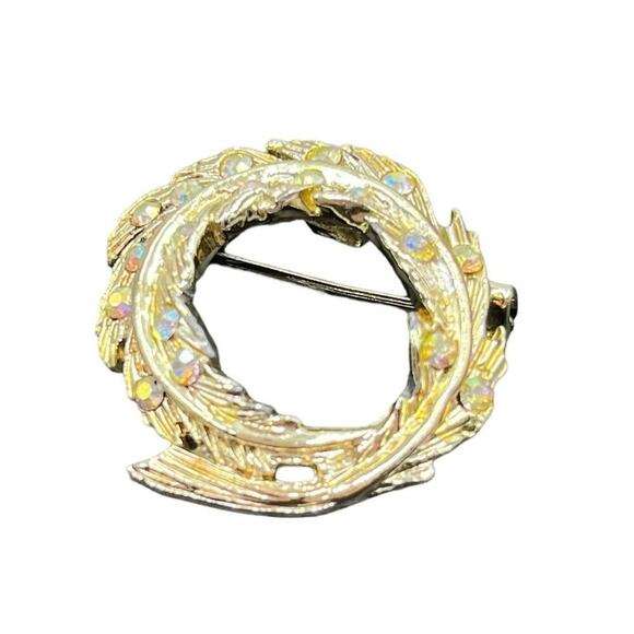 Beautiful Gold-tone Rhinestone Brooch Circular Leaf - Picture 1 of 12